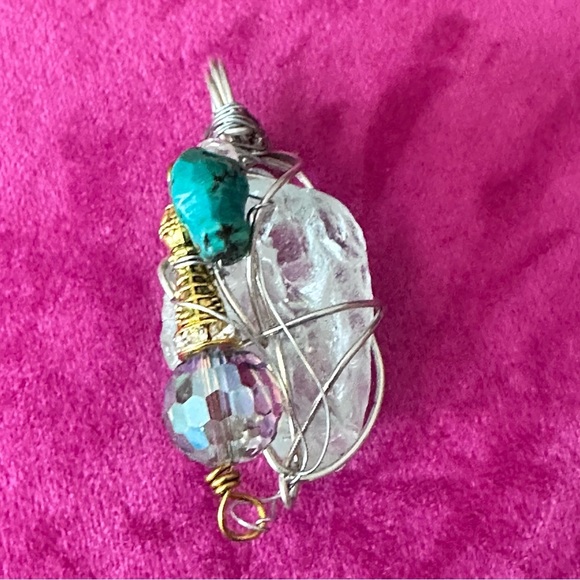 Blue Sea Beach Glass Pendant Beaded Accent Artisan Silver Wire-Wrapped Necklace - Picture 7 of 11